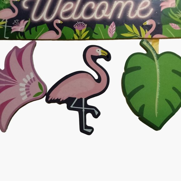Welcome Sign Flamingo Flower Leaf Colorful Tropical Coastal Tiki Decor - Picture 4 of 6